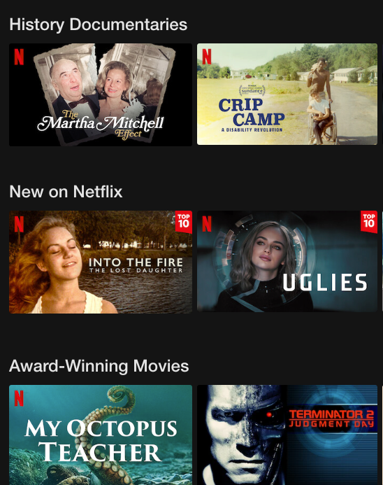 The fifth set of categories on Erin’s desktop Netflix: History Documentaries, New on Netflix, Award-Winning Movies