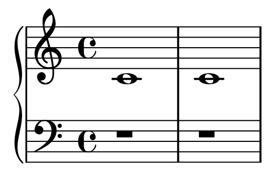 A musical grand staff depicting two whole notes on middle C