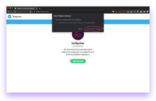 Screen shot of UniSpotter bot Telegram webpage to get new Uniswap token pairs in real time