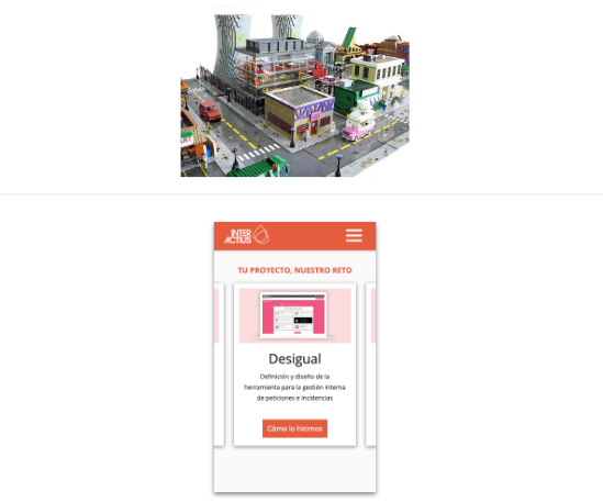 Arriba: ciudad de Springfield de lego. Abajo: diseño final de una página web con cabecera con menú y un carousel.