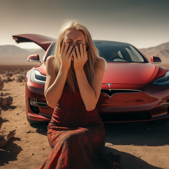 A lady kneeling infront of her empty Tesla stranded in a desert