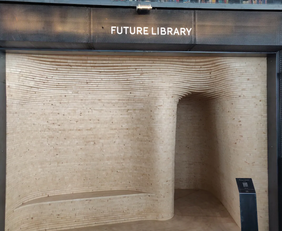 a rounded doorway into a building or space which has the words “Future Library” above it