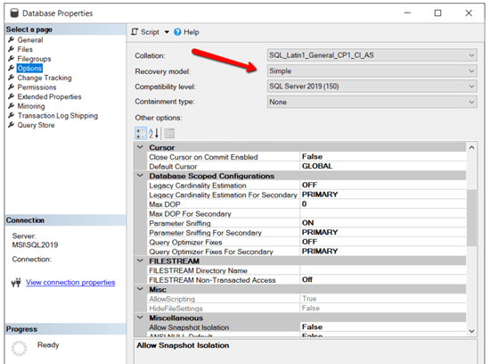 Database Properties window