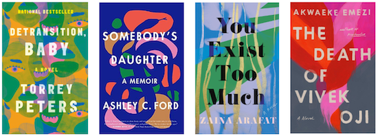 four book covers that are all a mishmash of colors in a very samey sort of way even though they are totally different books