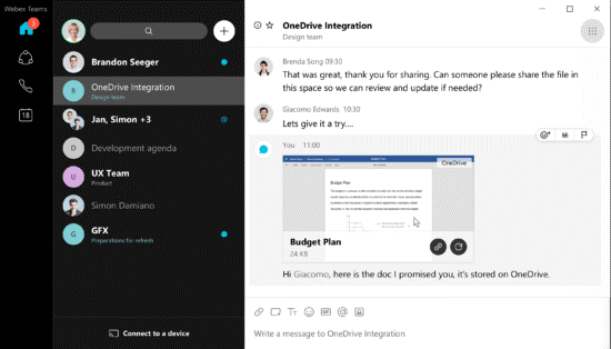 An image of the OneDrive integration with Cisco Webex Teams