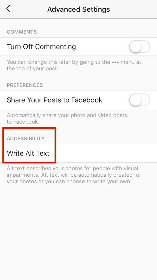 how to change alt text settings when posting any image to instagram. Before posting, click advanced settings, then down under Accessibility click Write Alt Text and describe the image as best as you can (: