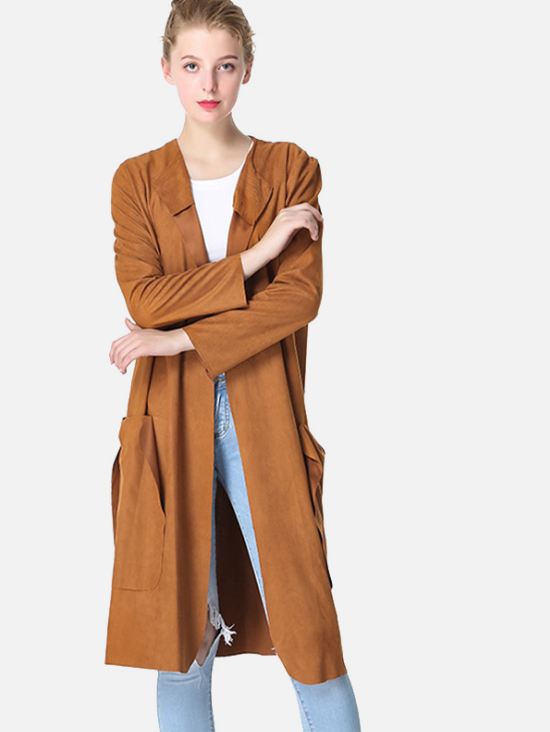 Plus Size Draped Open Front Faux Suede Longline Coat with Pockets