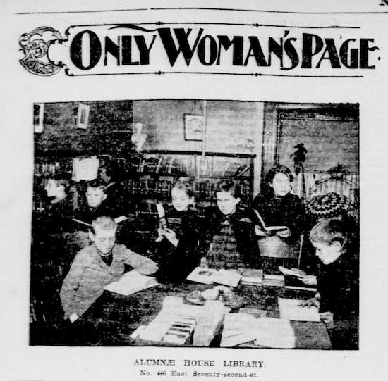 kind of muddy image from a scanned newspaper showing kids in a library with the headline ONLY WOMAN’S PAGE