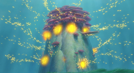 an underground scene from the movie Ponyo featuring a building looking like a face with glowing windows that resemble eyes.