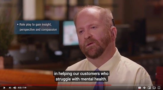 screenshot from linked video showing library staffer talking about how to help patrons with mental health issues