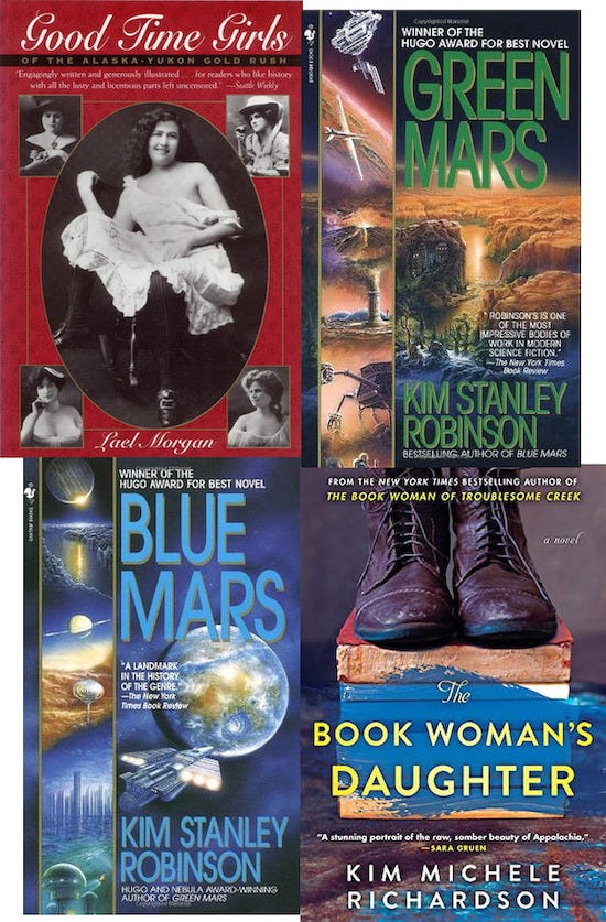 Covers of four books: Good Time Girls, Green Mars, Blue Mars and The Book Woman’s Daughter