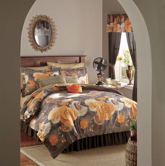 Elegant Brown Floral Comforter in Bedroom