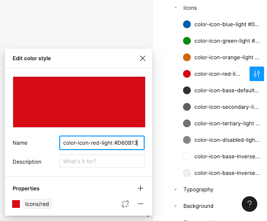 Image showing the icon-red color style being mapped to the semantic variable for the red version for icon colors