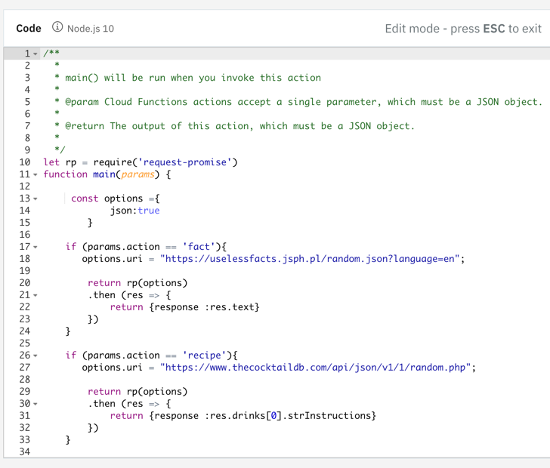 screenshot of Node.js code for passing intents and parsing responses
