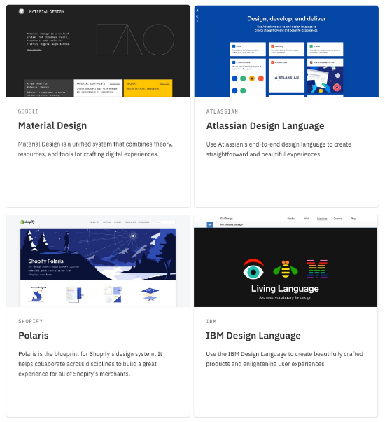 Capturas de las portadas de las webs de algunos designs systems: Material Design, Atlassian, Polaris e IBM