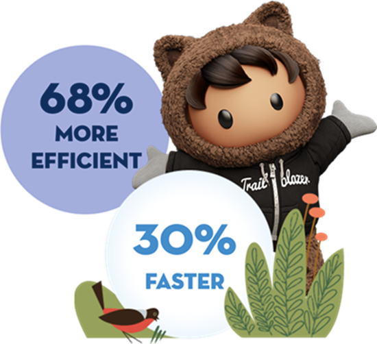 Astro in a Trailblazer hoodie next to a bubble that reads 68% more efficient. And another that reads 30% faster.