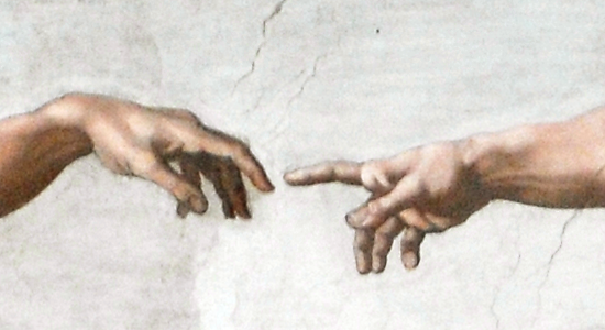 Close crop of the Sistine Chapel ceiling painting with God and Adam’s fingers