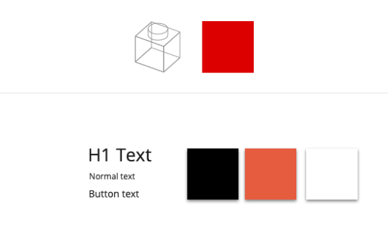 Arriba: representación de la forma una pieza de lego sin color. Abajo: hay muestras de tipografías y colores.