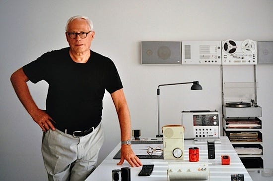 dieter rams standing beside his best ever designs.