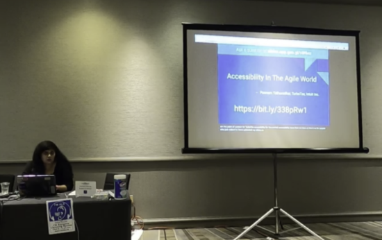 Poonam presenting — Backdrop is a slide saying accessibility in agile and with a link to her slides