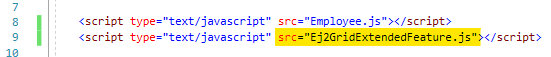 Add a reference to Ej2GridExtendedFeature.js in the grid page (Index.html)