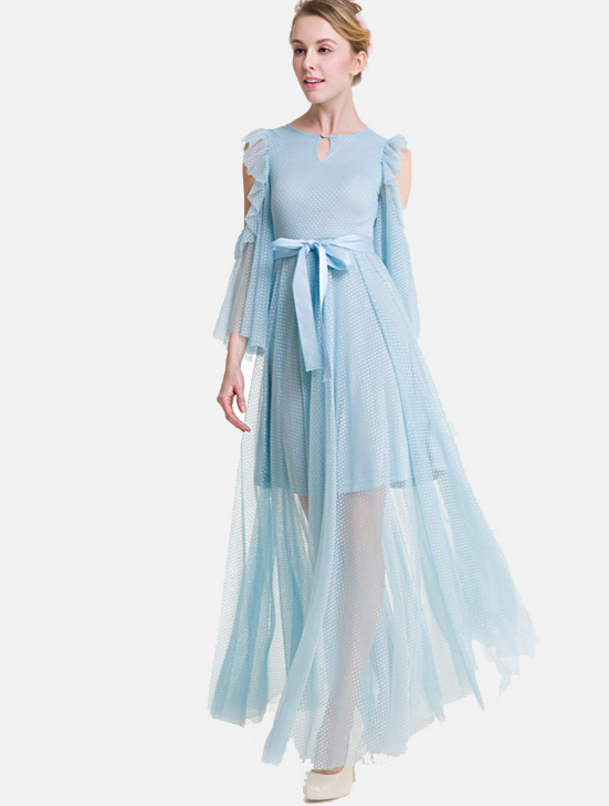 Flare Sleeve Strapless Lace Dress Women Maxi Long Dress