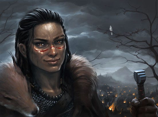 A powerful woman smiles toward the viewer, holding a sword and with a fox mantle around her shoulders.