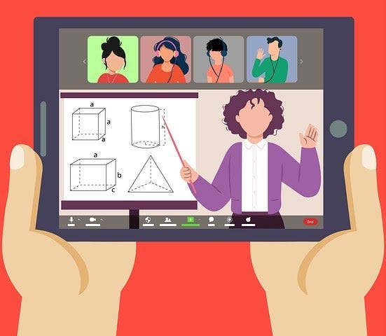 Graphics of an educator and 4 students in an online class. Teacher is teaching about different shapes.