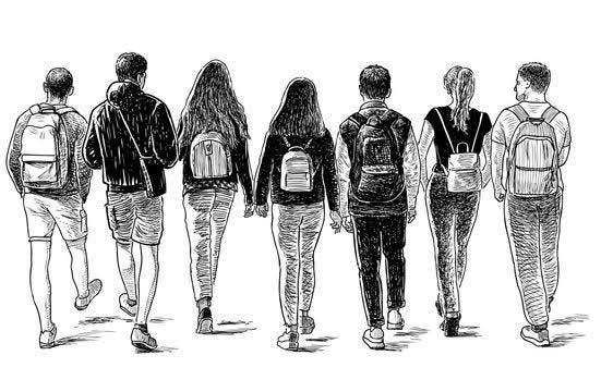 A sketch of college students with a backpack, all facing forward.