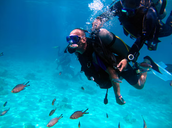 2 scuba divers diving in havelock Island surrounded by fishlife and other groups of divers