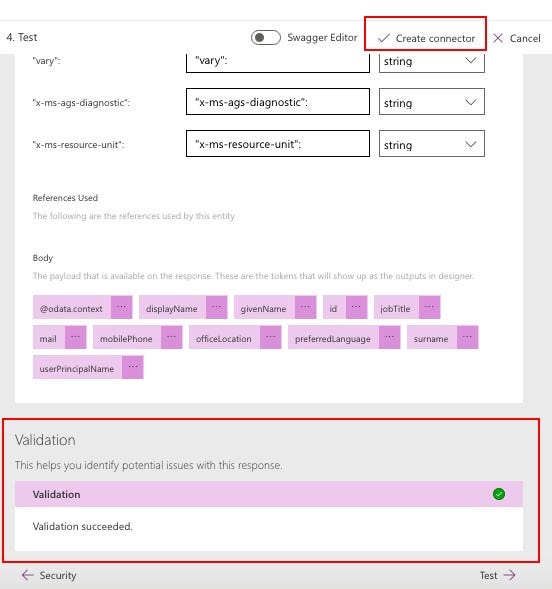 Create custom connector in Power Apps environment, validation done, click create  — Cloudatica example