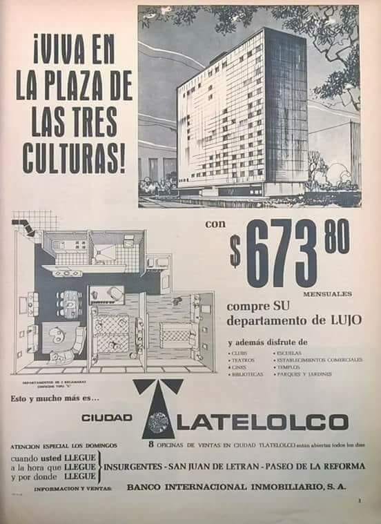 Anuncio antiguo invitándote a vivir en la plaza de las tres culturas comprando un departamento de lujo por 673.80 MXN al mes.