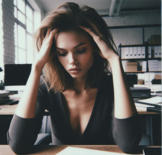 Vrouw met los donkerblond haar en zwart truitje in kantoor heeft last van plakkerige ontlasting door stress.