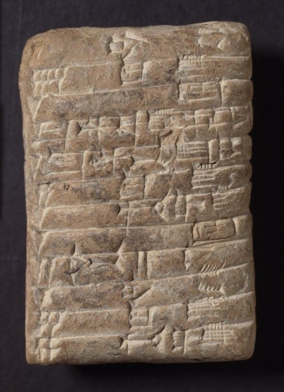 A rectangular clay tablet with cuneiform (meaning wedge-shaped) Neo-sumarian script written on it, dating from 2100–2000 BC. This was done by pressing a reed pen or stylus with a wedge-shaped tip into the semi dried clay surface.
