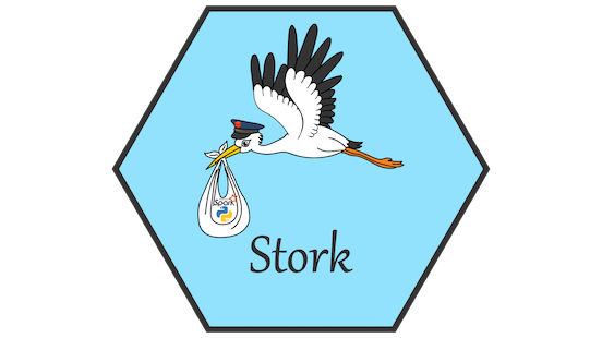 Blue hexagon with a cartoon stork carrying a bundle containing the Apache Spark logo. The word “Stork” is at the bottom.