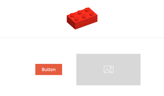 Arriba: pieza de lego de color rojo. Abajo: representación de un botón en HTML y representación de una imagen de muestra.