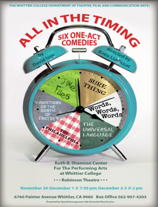 A poster for the upcoming production of All in the Timing. There is a teal analog alarm clock and the face is split into six sections. Each section has the tile of one of the short performances that makes up the play.