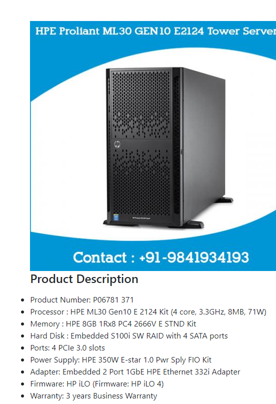 HPE Proliant ML30 GEN10 E2124 Tower Server