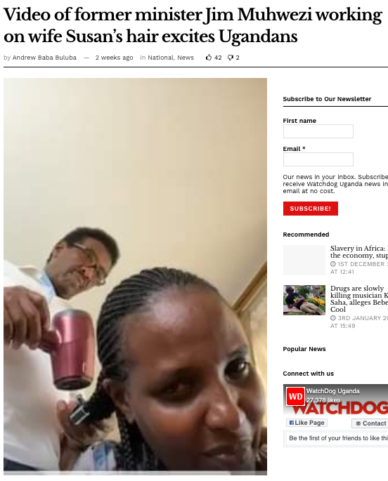 A screenshot from Watchdog.com With story about former minister Jim Muhwezi working on his wife Susan’s hair.