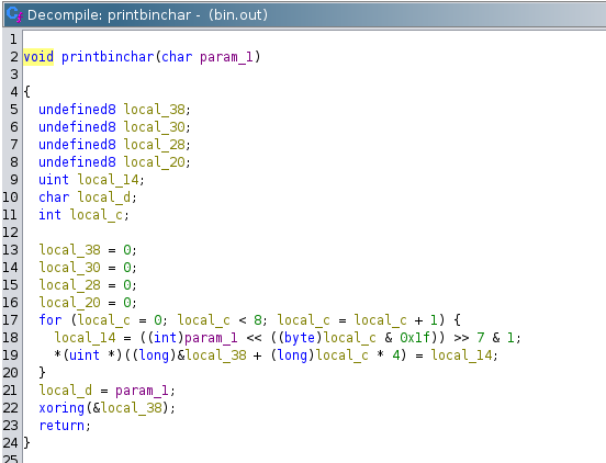 Decompiled printbinchar() from the challenge