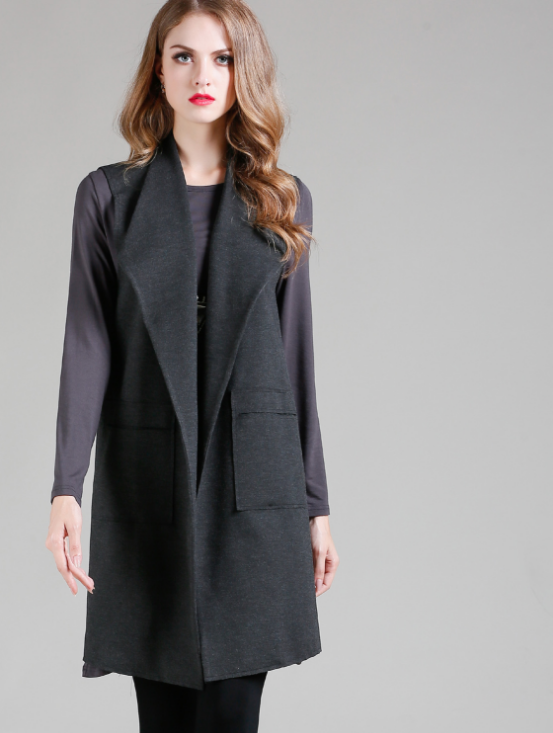 Sleeveless Open Front Trench Coat with Patch Pockets