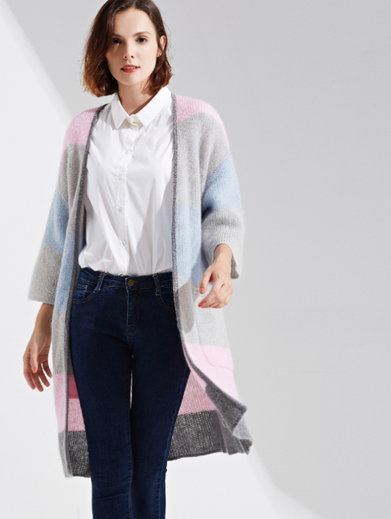 Longline Colour Block Open Front Cardigan with Pockets