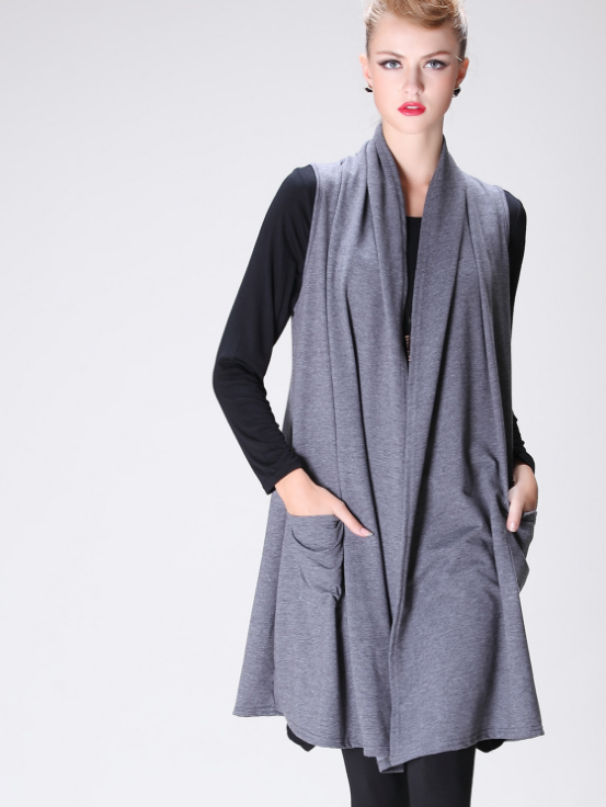 Open Front Shawl Collar Sleeveless Longline Vest with Pockets