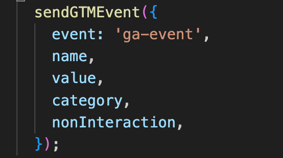 Exemplo de código JavaScript para envio de eventos ao Google Analytics usando a função sendGTMEvent, com parâmetros como event, name, value, category e nonInteraction.