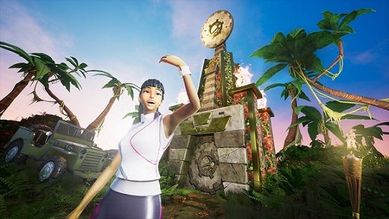A screenshot from Crayta, showing a woman in a jungle landscape gesturing for you to come towards her.