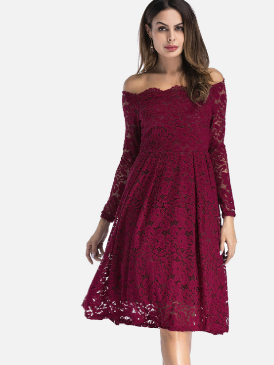 Plus Size Dobby Lace Overlay Dress with Off Shoulder