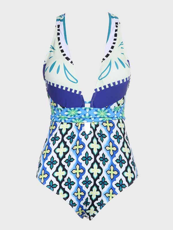 Criss Cross Back Self-Belted Plunging One-Piece Swimsuit