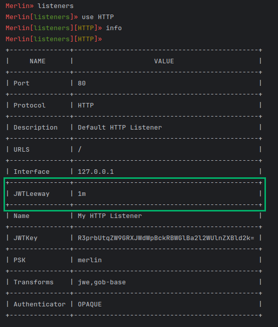 Merlin HTTP listener configurable options highlighting the JWT leeway setting
