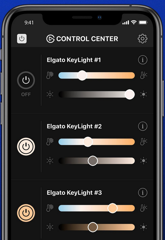 Use the Elgato Control Center to control and manage multiple lights in your home studio from any mobile device.