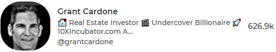 Grant Cardone displaying hundreds of thousands of followers on Clubhouse.